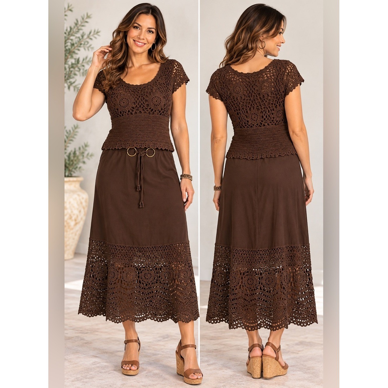 Vintage Bandolino Crochet Top Midi Skirt 2 Piece Set Sizes M 8 Brown Linen Rayon