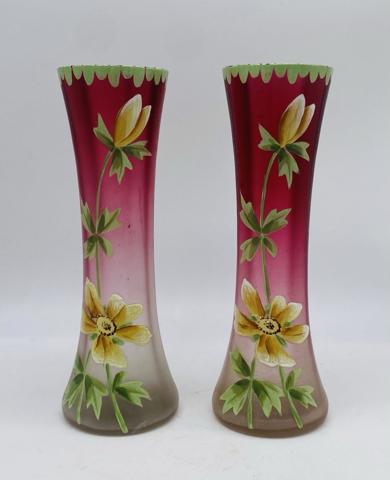 Gorgeous Pair Of ART NOUVEAU Rubina Satin Glass Vase With Beautiful Floral Ename Gorgeous Pair Of ART NOUVEAU Rubina Satin Glass Vase With Beautiful Floral Ename