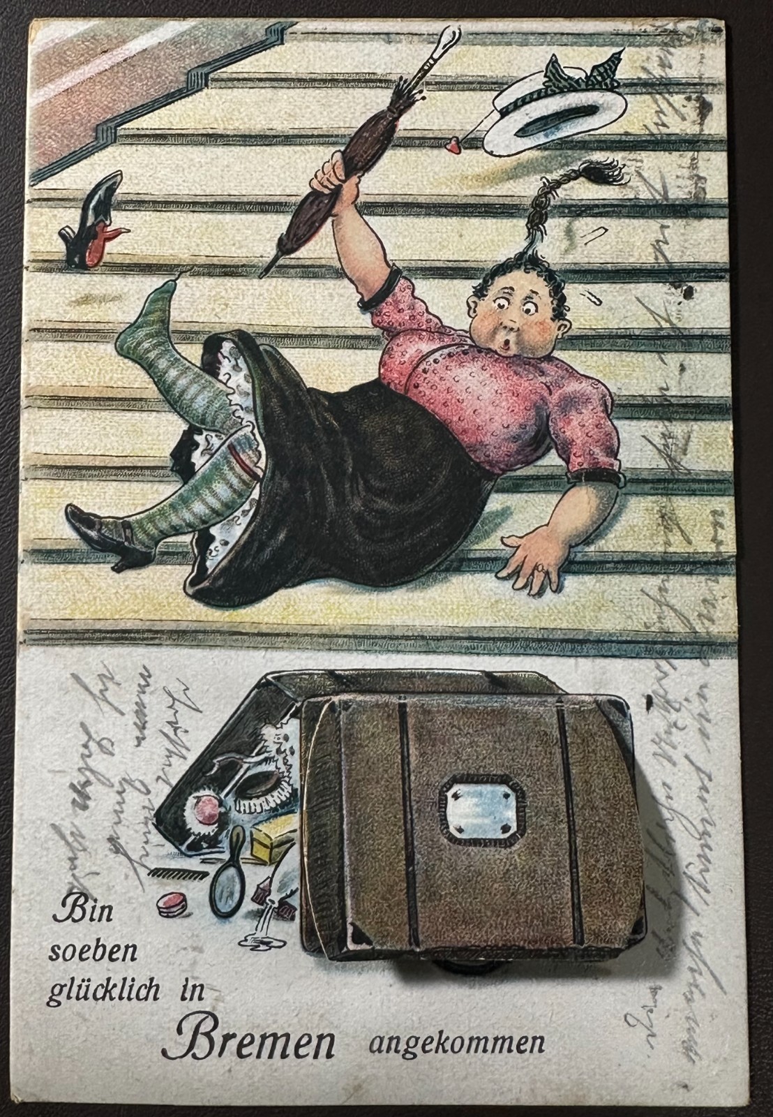 Vintage 1926 Postcard Germany Comic Woman Falls With Fold Out City Views