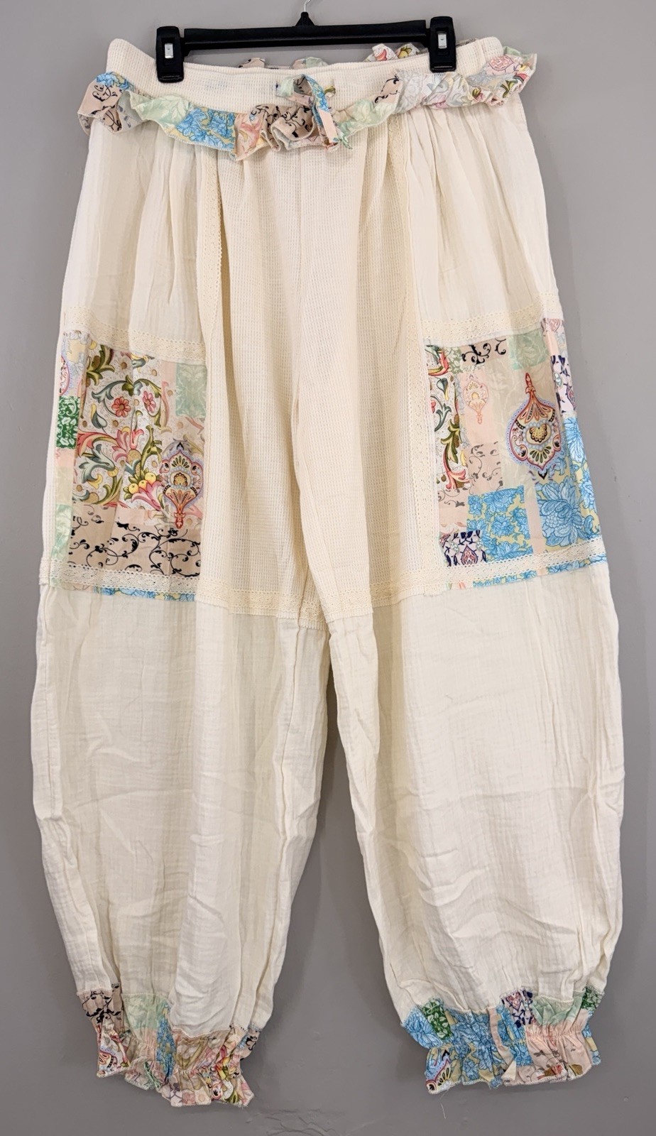 Pol Baggy Jogger Pant Large Boho Floral Ruffle Waistband Waffle Knit Guazy New Pol Baggy Jogger Pant Large Boho Floral Ruffle Waistband Waffle Knit Guazy New