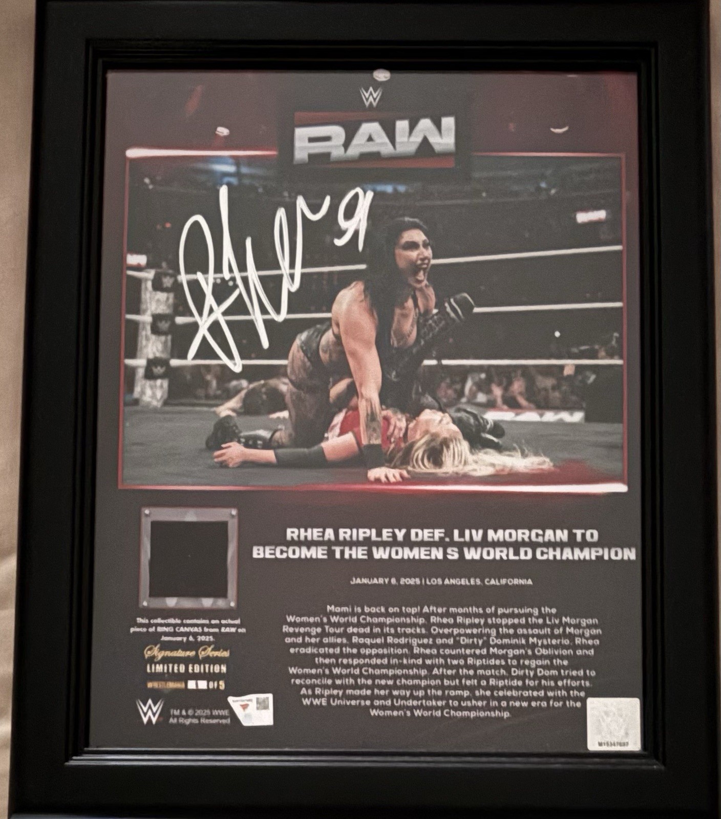 Rhea Ripley Signed #1 or 5, 13x16 frame w/ used canvas, Fanatics Authentic COA