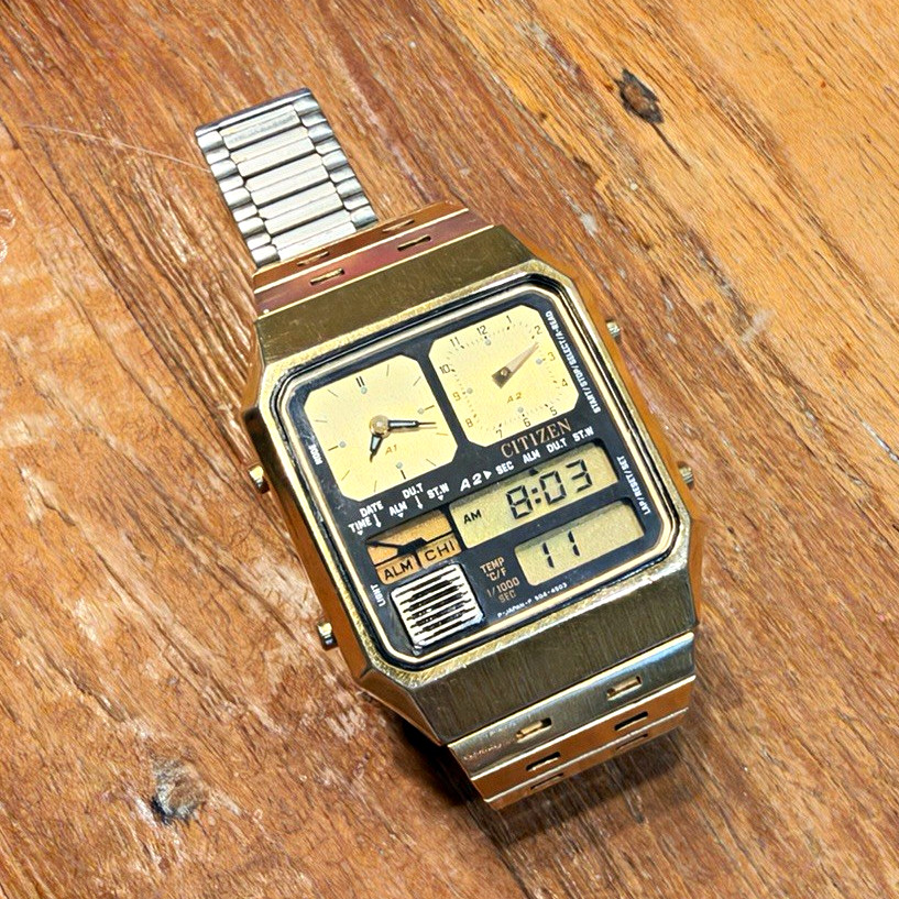 Citizen Ana-Digi Temp Quartz Alarm Thermometer 38mm Square Vintage 8980-084900 Citizen Ana-Digi Temp Quartz Alarm Thermometer 38mm Square Vintage 8980-084900