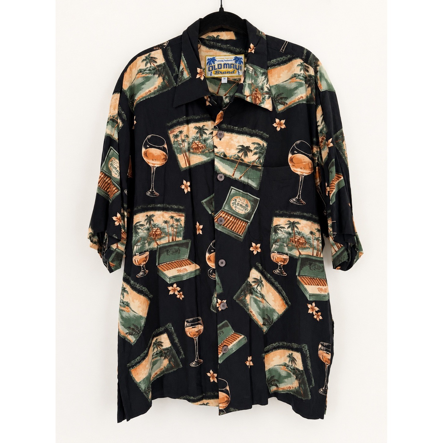 Vintage 90s Old Maui Rayon Hawaiian Shirt Mens Medium Black Tropical Camp Aloha