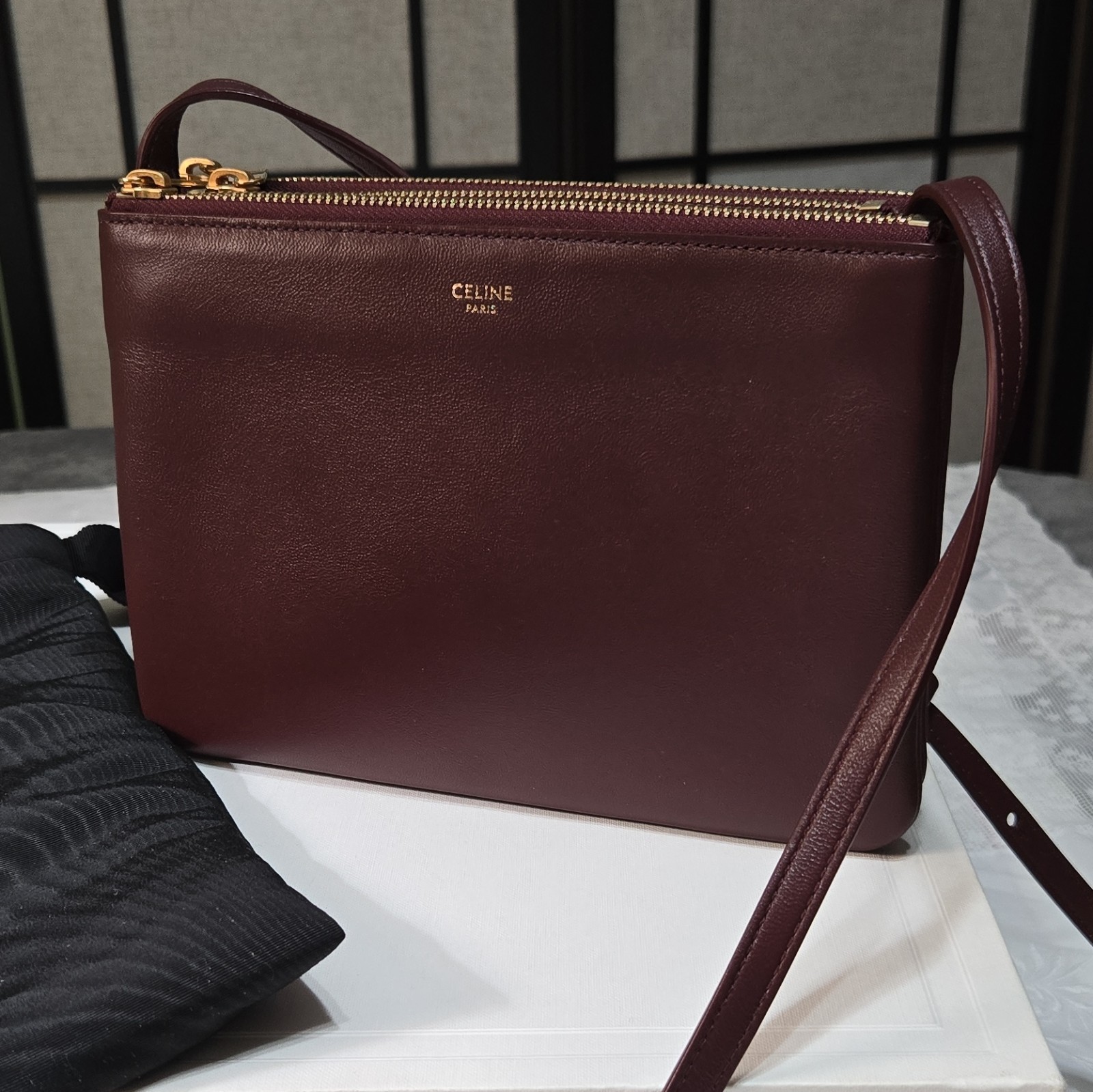 Vintage Celine Trio Handbag, Burgundy w/Gold Zip Hardware Smooth Lamb Leather Vintage Celine Trio Handbag, Burgundy w/Gold Zip Hardware Smooth Lamb Leather