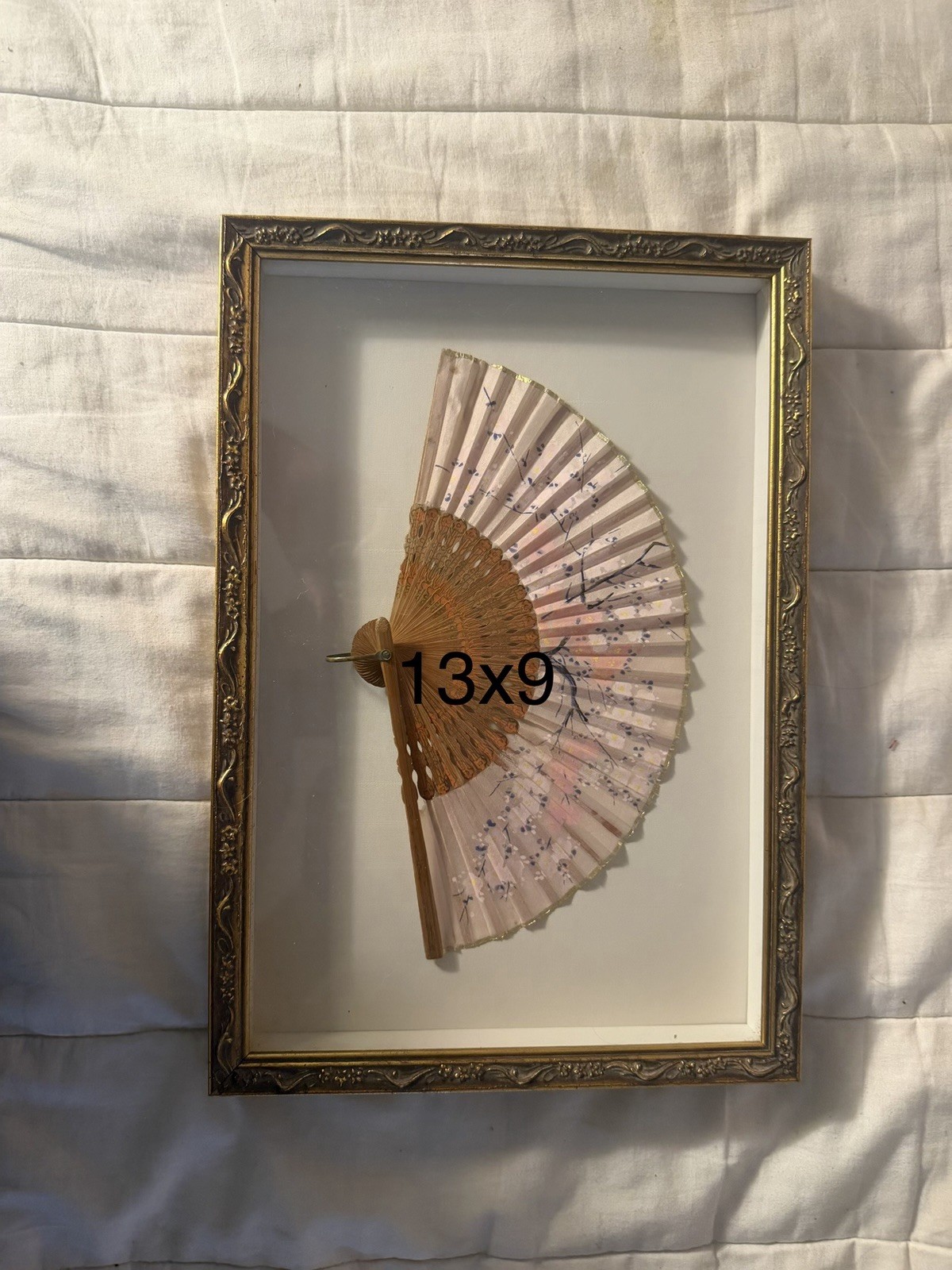 Vintage Asian Folding Fan Hand Painted Floral Carved Wood Framed 13x9 Vintage Asian Folding Fan Hand Painted Floral Carved Wood Framed 13x9