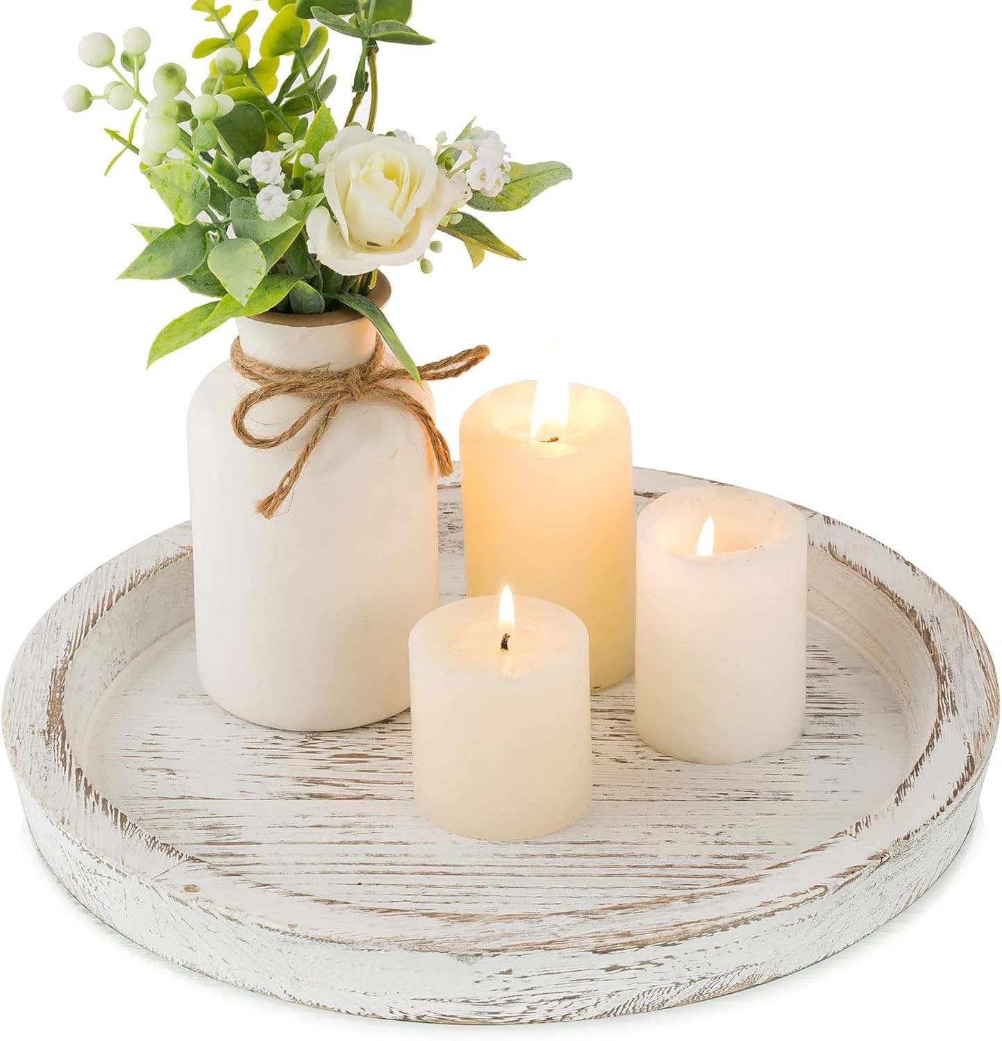 Round White Wood Decorative Tray Rustic Farmhouse for Coffee Table Candle Round White Wood Decorative Tray Rustic Farmhouse for Coffee Table Candle