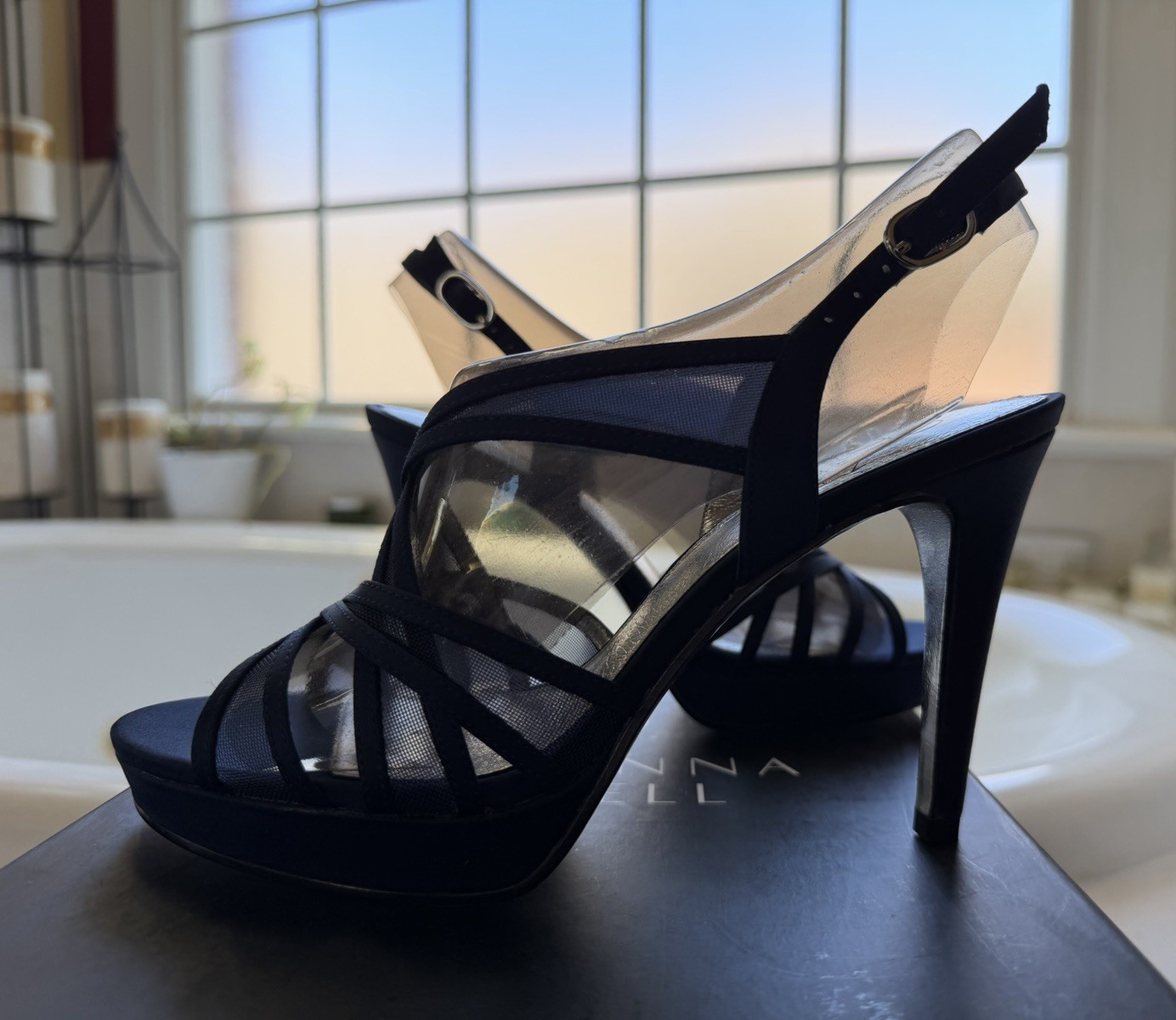 Adrianna Papell Navy Satin Strappy Slingback Platform Open Toe Heels 7M Adrianna Papell Navy Satin Strappy Slingback Platform Open Toe Heels 7M