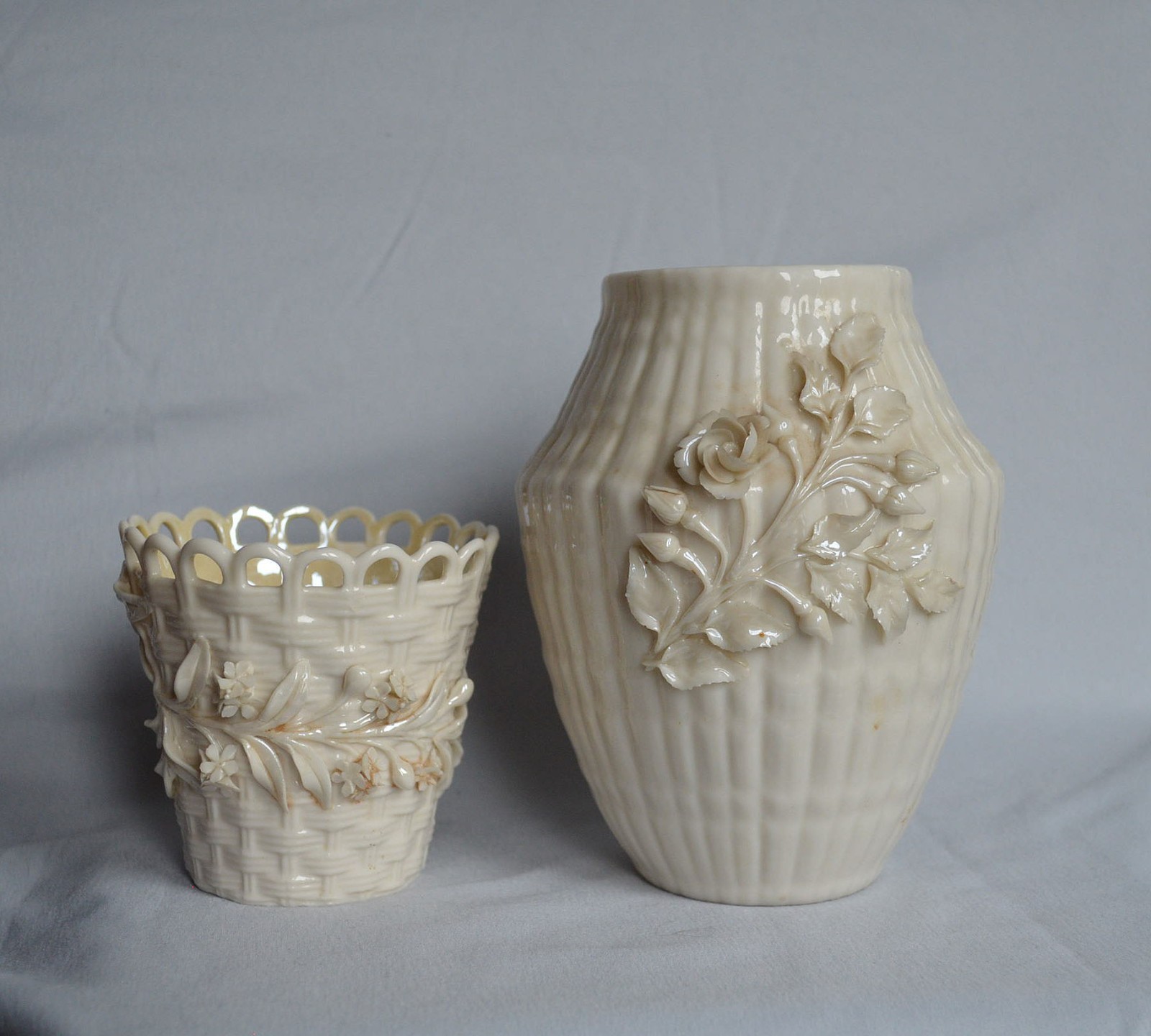 LOT OF 7 Belleek 3RD 4TH 5TH MARK assorted vases with 3d flowers