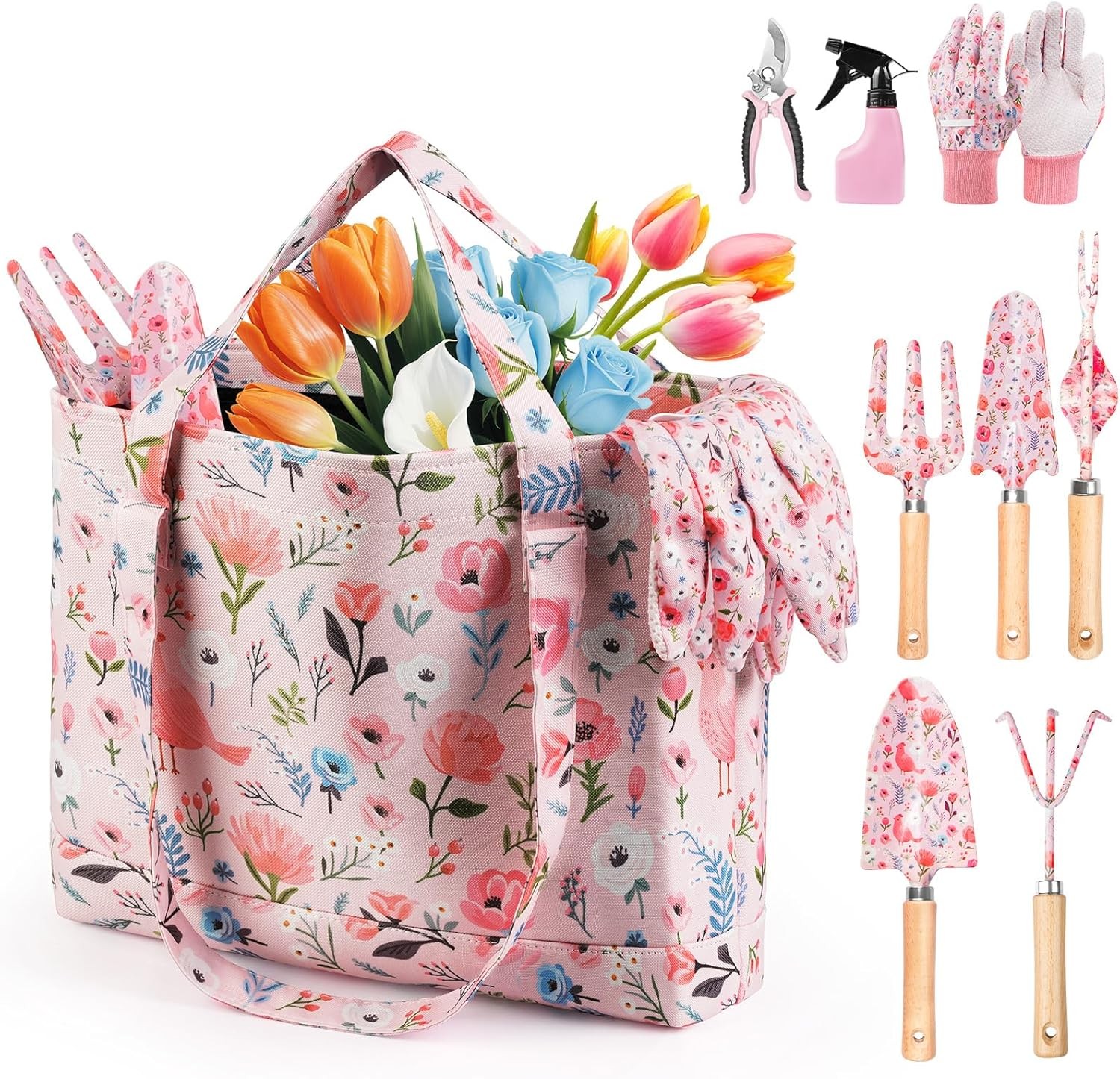10Pcs Pink Garden Tool Set Heavy Duty Gardening Gifts for Women with Tote Bag