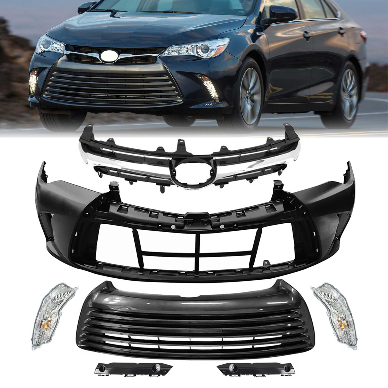 For 2015-2017 Toyota Camry LE Complete Front Bumper Set w/ Turn Signal Light