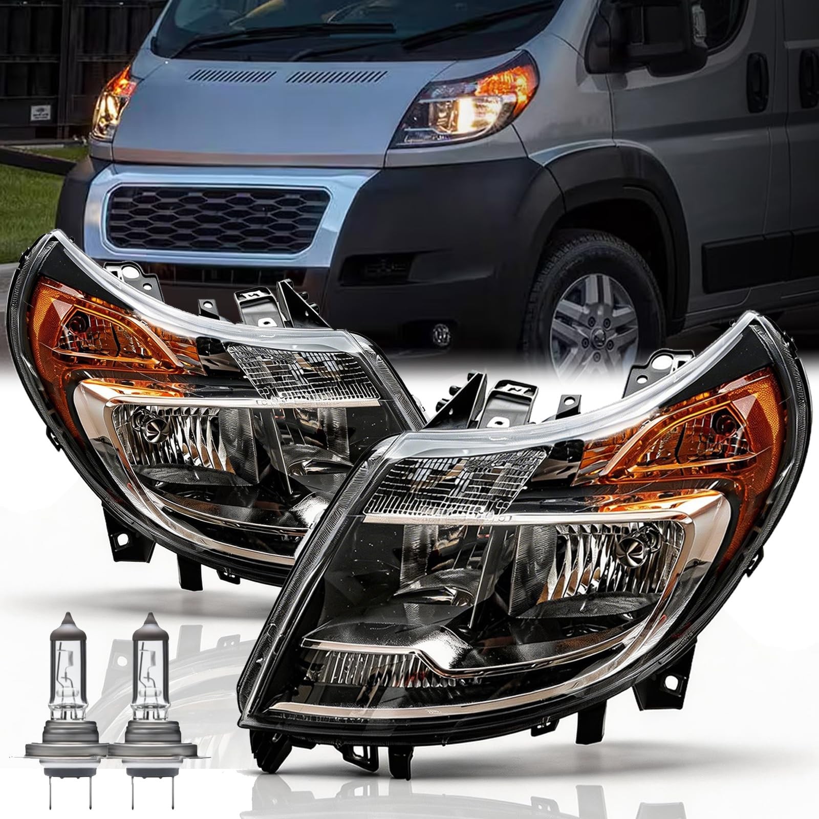 Headlights for 2014 2022 Dodge Ram ProMaster Chrome Amber Halogen CH2503254