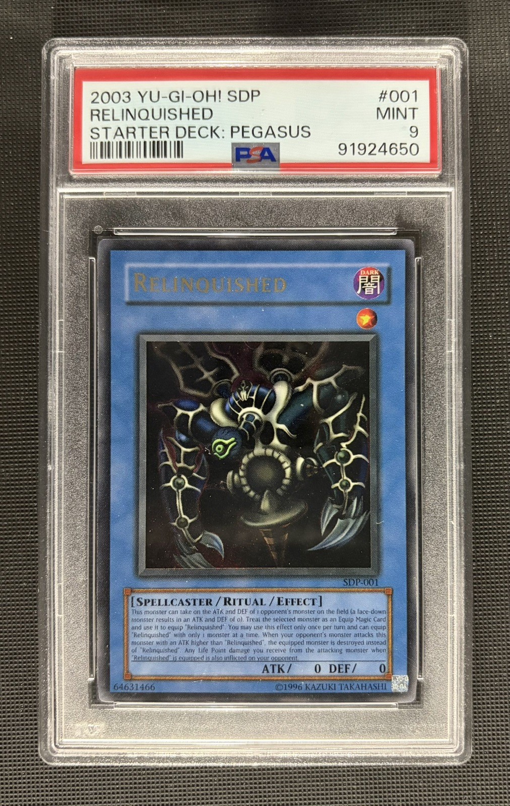 Relinquished 2003 YU-GI-OH #SDP-001 Pegasus Deck Unlimited UltraRare PSA 9 MINT Relinquished 2003 YU-GI-OH #SDP-001 Pegasus Deck Unlimited UltraRare PSA 9 MINT