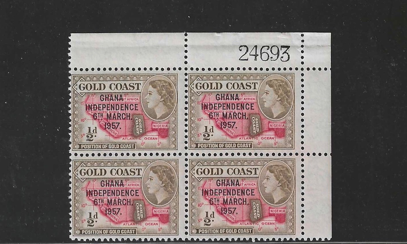 1957 ovpt. Ghana / Independence Gold Coast Sc. 5 QEII 1/2d plate block# (24693). 1957 ovpt. Ghana / Independence Gold Coast Sc. 5 QEII 1/2d plate block# (24693).