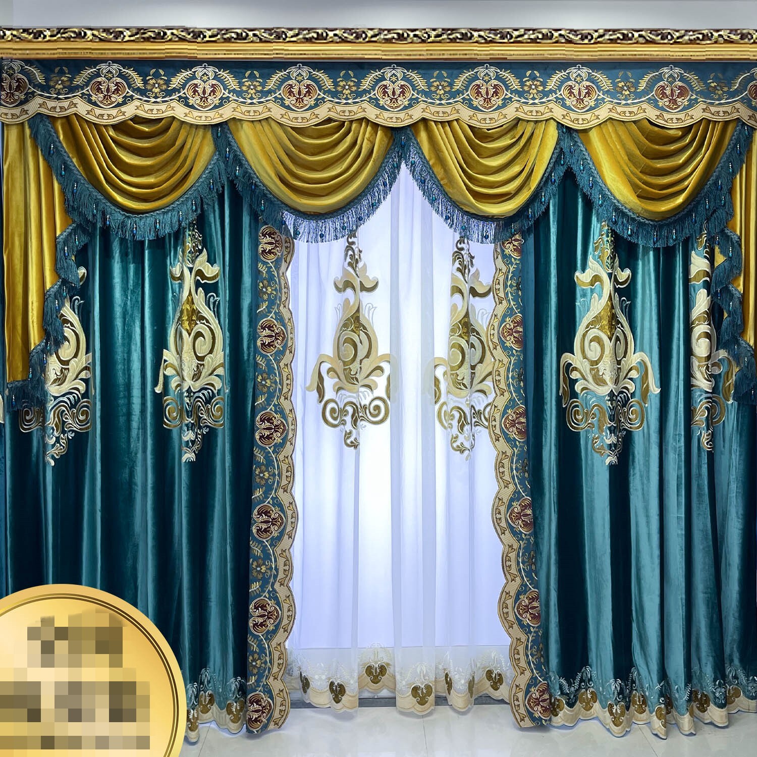 Elegant European palace blue velvet embroidery cloth curtain valance drape C2107