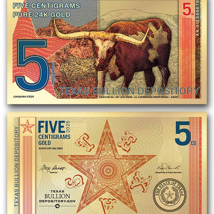 2025 5 Centigram Gold Note Texas Modern Redbacks: Longhorn Steer