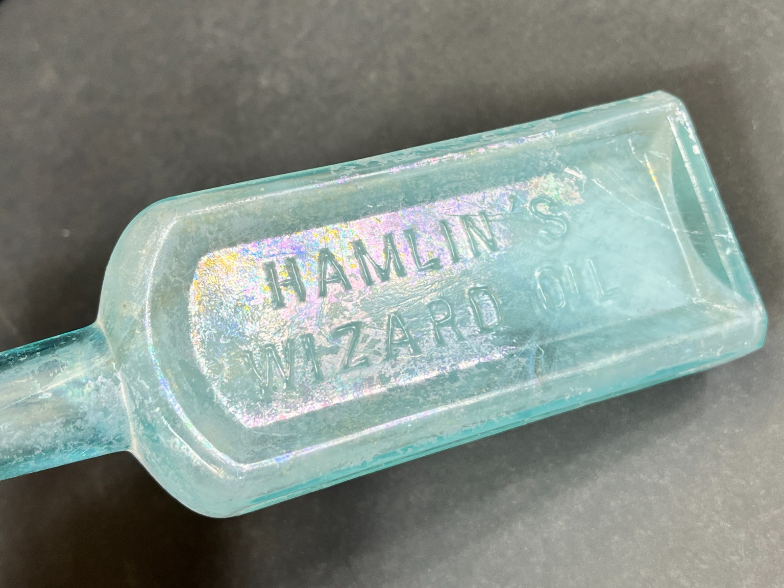 Antique 1890s Hamlin's Wizard Oil Bottle Aqua Iridescent Embossed Medicine Quack