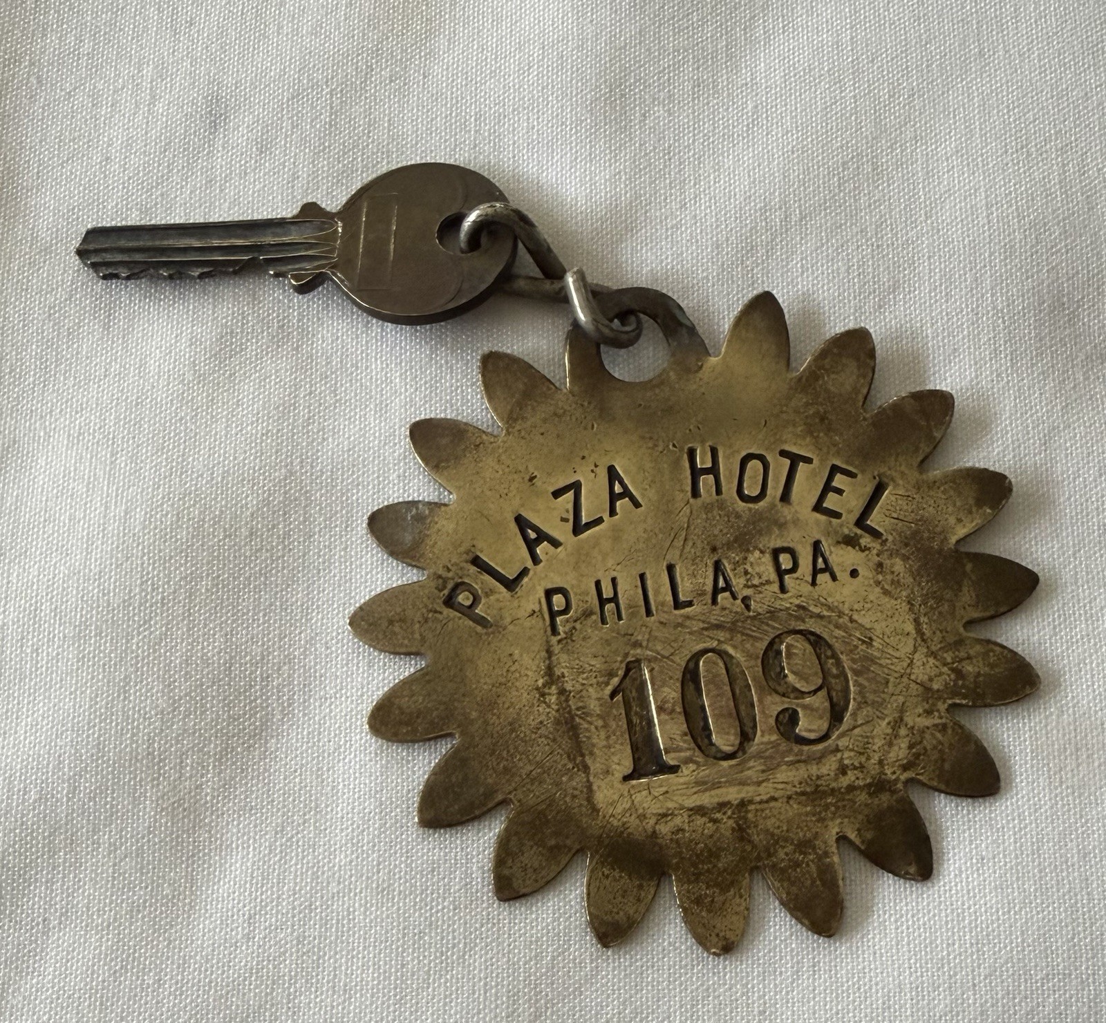 RARE Antique PLAZA HOTEL PHILA, PA Brass Key and Fob Room 109 RARE Antique PLAZA HOTEL PHILA, PA Brass Key and Fob Room 109
