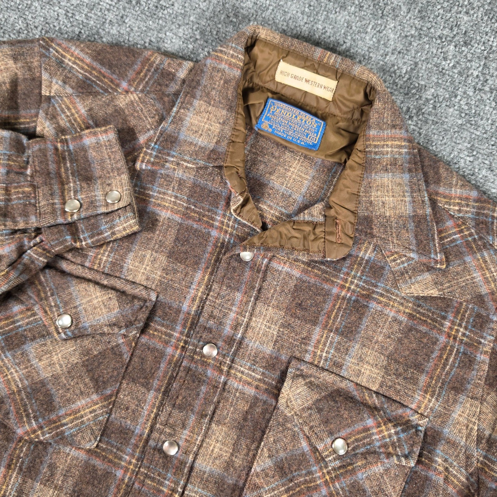 Vtg Pendleton Pearl Snap Shirt Mens M Brown Plaid Virgin Wool Western Wear USA Vtg Pendleton Pearl Snap Shirt Mens M Brown Plaid Virgin Wool Western Wear USA