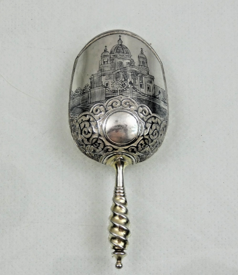 ANTIQUE IMPERIAL RUSSIAN 84 SILVER NIELLO TEA CADDY SCOOP ARCHITECTURAL Moscow