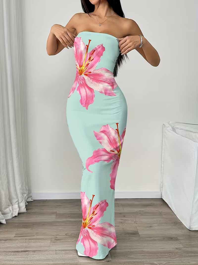 NEW Medium Elegant Sleveless Ruched Mint Green Maxi Dress w Pink & White Flowers NEW Medium Elegant Sleveless Ruched Mint Green Maxi Dress w Pink & White Flowers