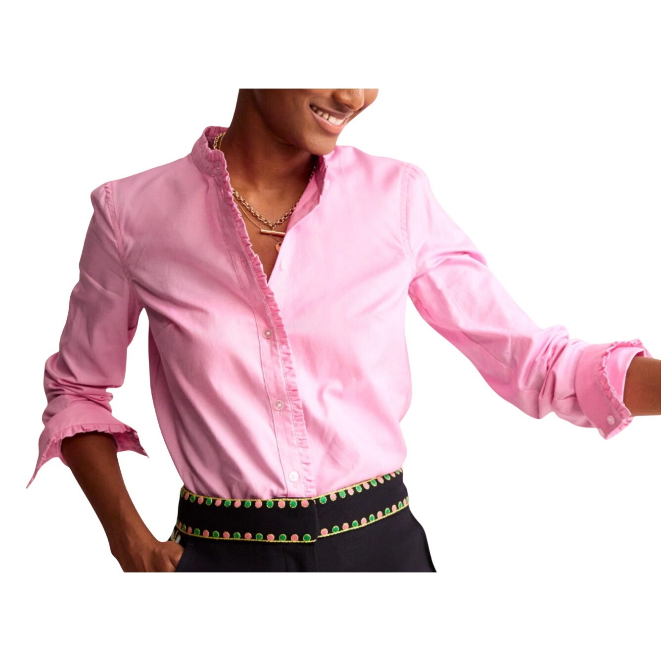 NWT Boden Phoebe Button-Up Cotton Shirt PINK CHAMBRAY Tiny Ruffle Trim US-2 NWT Boden Phoebe Button-Up Cotton Shirt PINK CHAMBRAY Tiny Ruffle Trim US-2