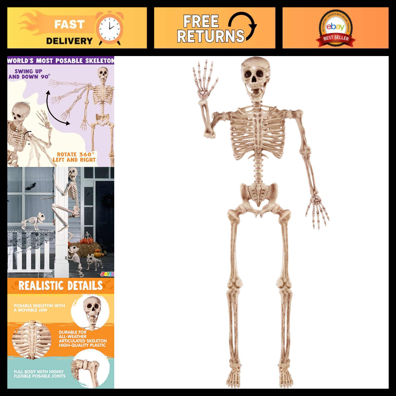 5.6 FT Life Size Posable Skeleton - Realistic Bones, Movable Joints, Halloween D
