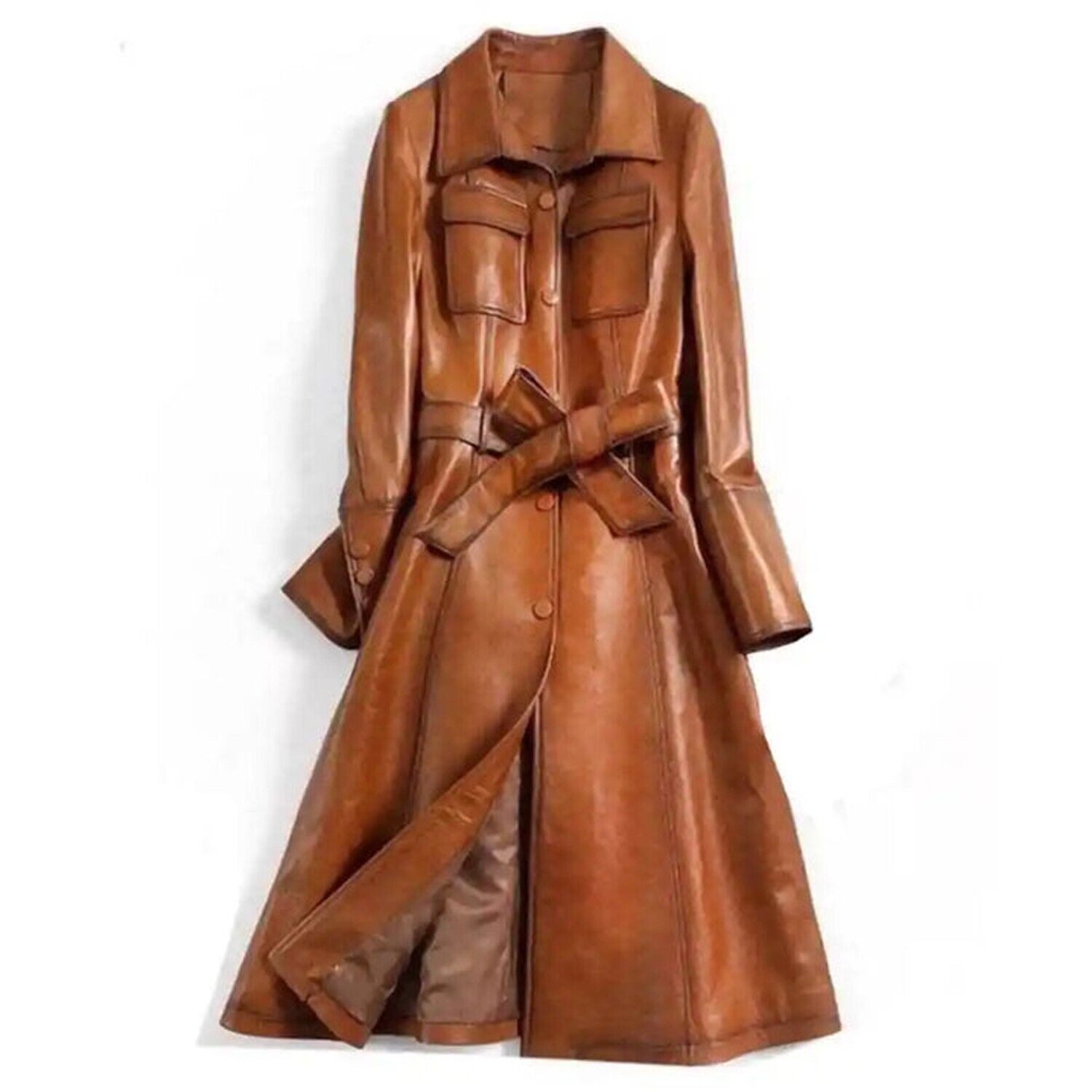 Women Tan Brown Vintage Style Trench Log Coat | Brown Real Leather Long Coat