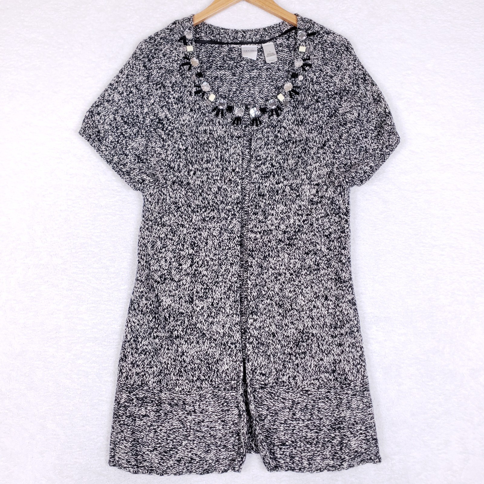 Emma James Embellished Sweater Tunic Short Sleeve Marled Black White Open Large Emma James Embellished Sweater Tunic Short Sleeve Marled Black White Open Large