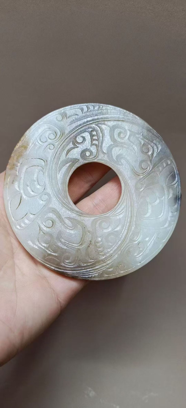 Unique Chinese Old Natural Hetian Jade Hand Carved *Shang Dragon* 2Faces Bi Disc