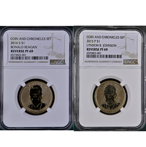 C&C 2015 P $1 LBJ NGC Reverse PF 69 + 2016 S $1 Ronald Reagan NGC Reverse PF 69 C&C 2015 P $1 LBJ NGC Reverse PF 69 + 2016 S $1 Ronald Reagan NGC Reverse PF 69