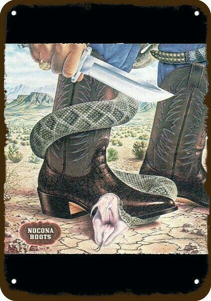 1980 NOCONA BOOTS Cowboy & Rattlesnake VintageLook DECORATIVE REPLICA METAL SIGN 1980 NOCONA BOOTS Cowboy & Rattlesnake VintageLook DECORATIVE REPLICA METAL SIGN