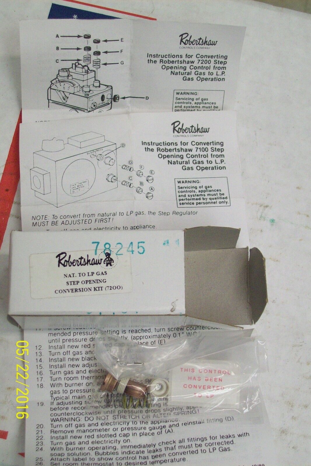 ROBERTSHAW CONVERSION KIT 7100 7200 STEP OPENING CONTROL NATURAL GAS TO LP 78245