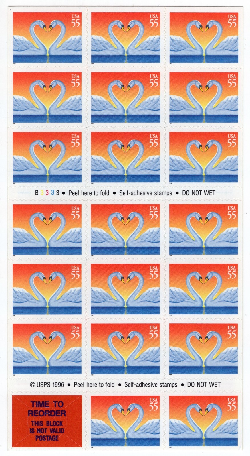 US 1997 SC 3124 55c Love Swans - Pane Sheet of 20 MNH US 1997 SC 3124 55c Love Swans - Pane Sheet of 20 MNH