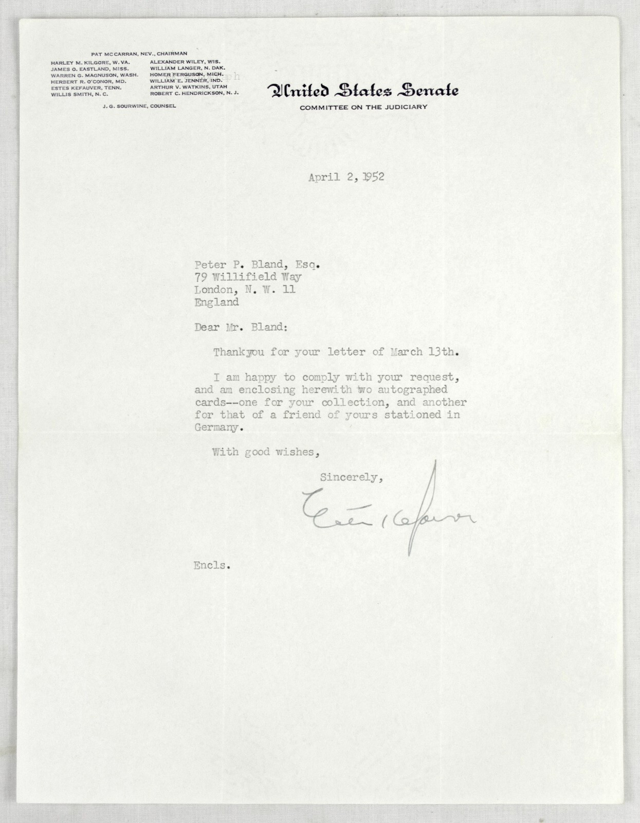 Estes KEFAUVER - original signed letter TLS - 1952 - MAFIA crime investigator