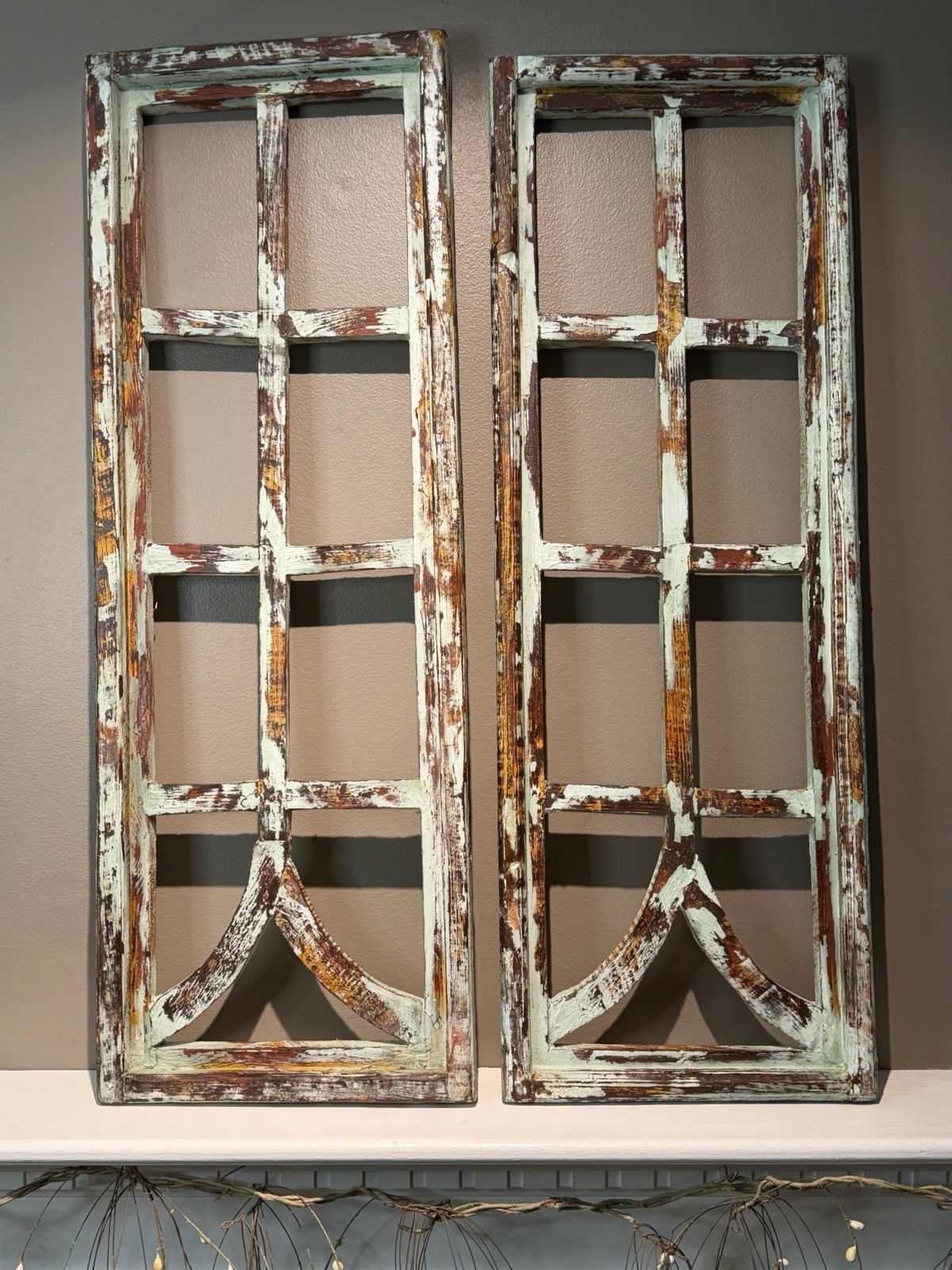 Pair of VTG Handcrafted Wood Chippy Mint Green Farmhouse Window Frame Wall Decor