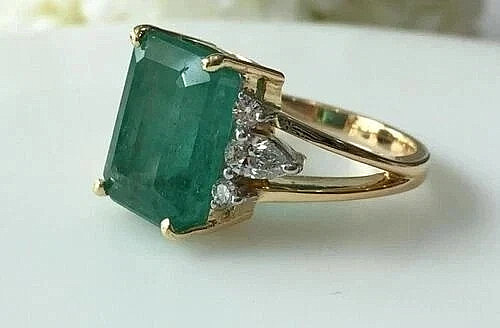 6.00Ct Emerald Cut Natural Emerald & Diamond Bridal Wedding Ring 14K Yellow Gold