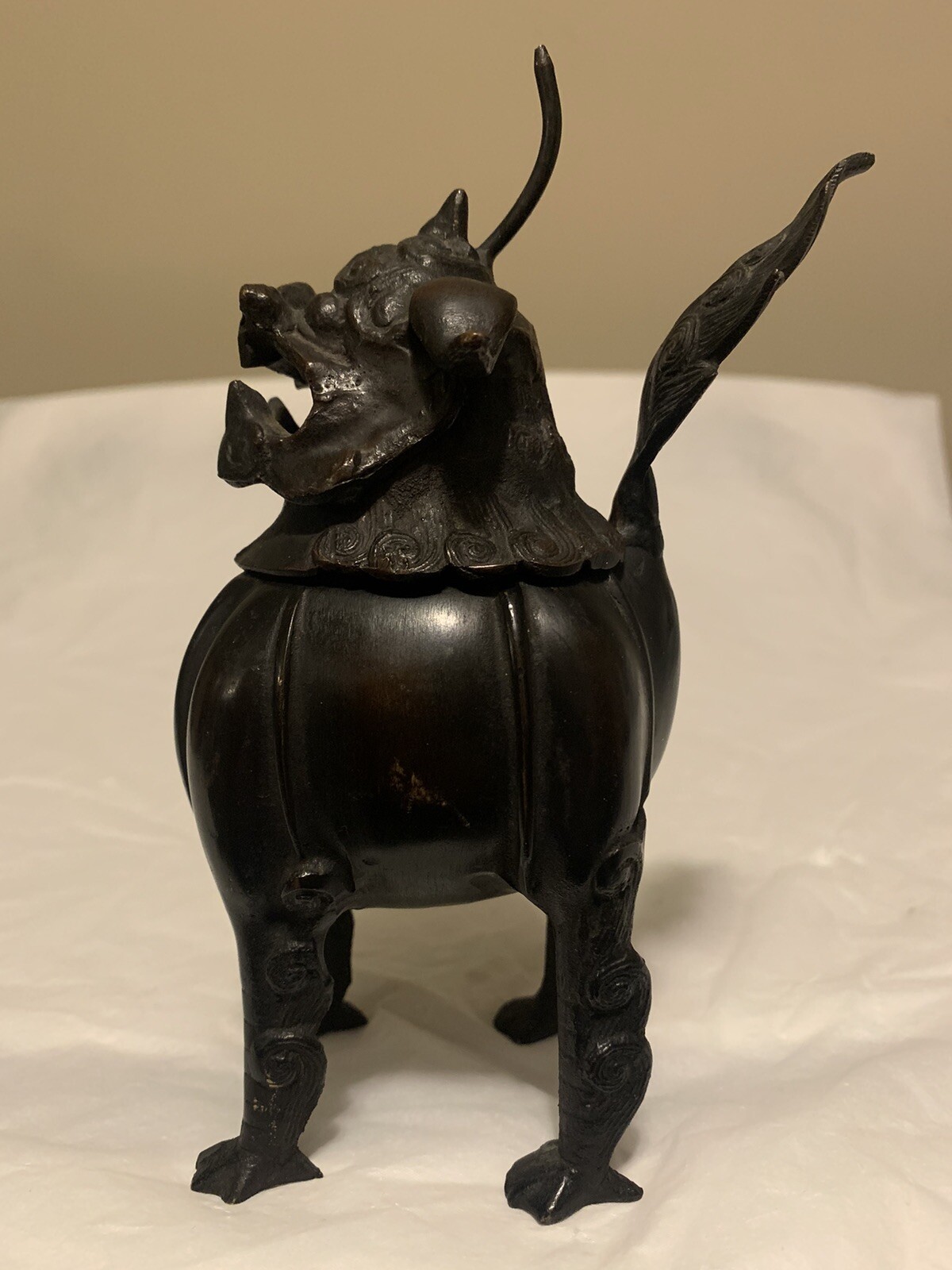 Vintage Chinese Bronze Luduan Censer Incense Burner Foo Dog Lion Beast Statue