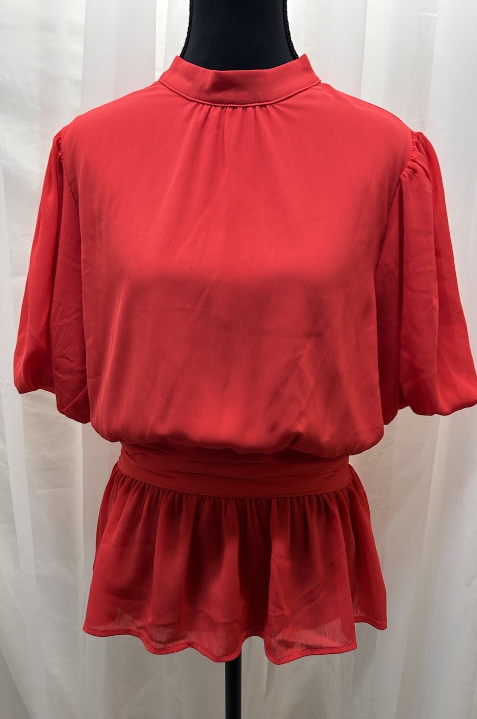 A Calin Flying Tomato Blouse L Red Mock Neck Flutter Sleeve Smocked Peplum