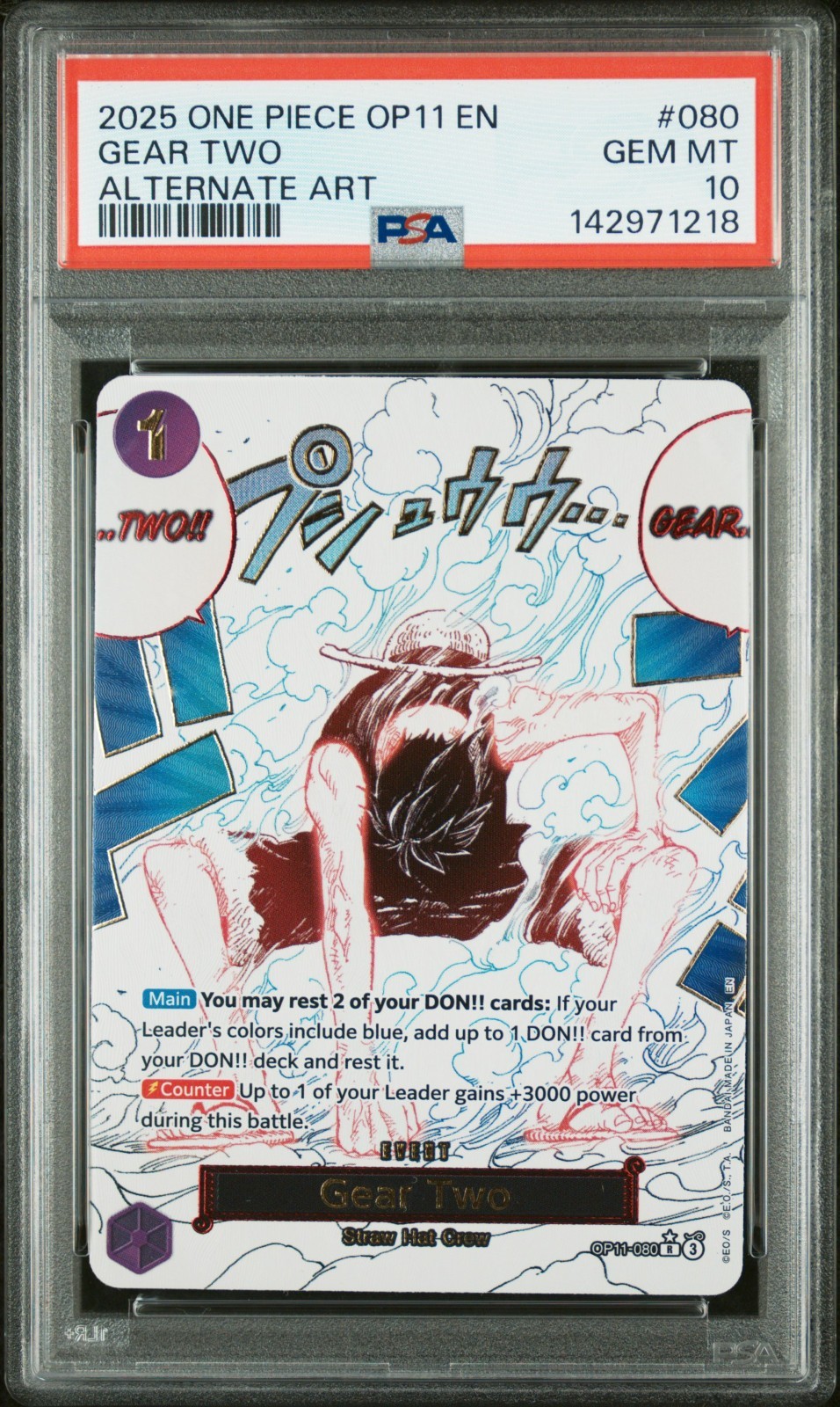 2025 One Piece OP11-080 Gear Two Alternate Art Fist of Divine Speed PSA 10