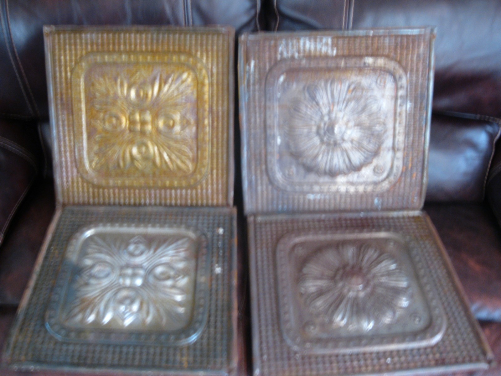 Lg Antique Pressed Tin Ceiling Tiles 17”x17”Architectural Salvage Lot Of 4 Lg Antique Pressed Tin Ceiling Tiles 17”x17”Architectural Salvage Lot Of 4