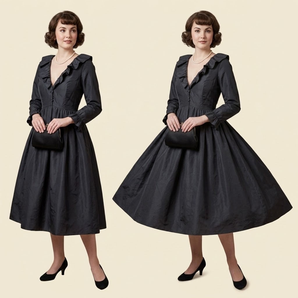 Vintage Ceil Chapman Black Silk Taffeta Ruffle Portrait Collar Cocktail Dress