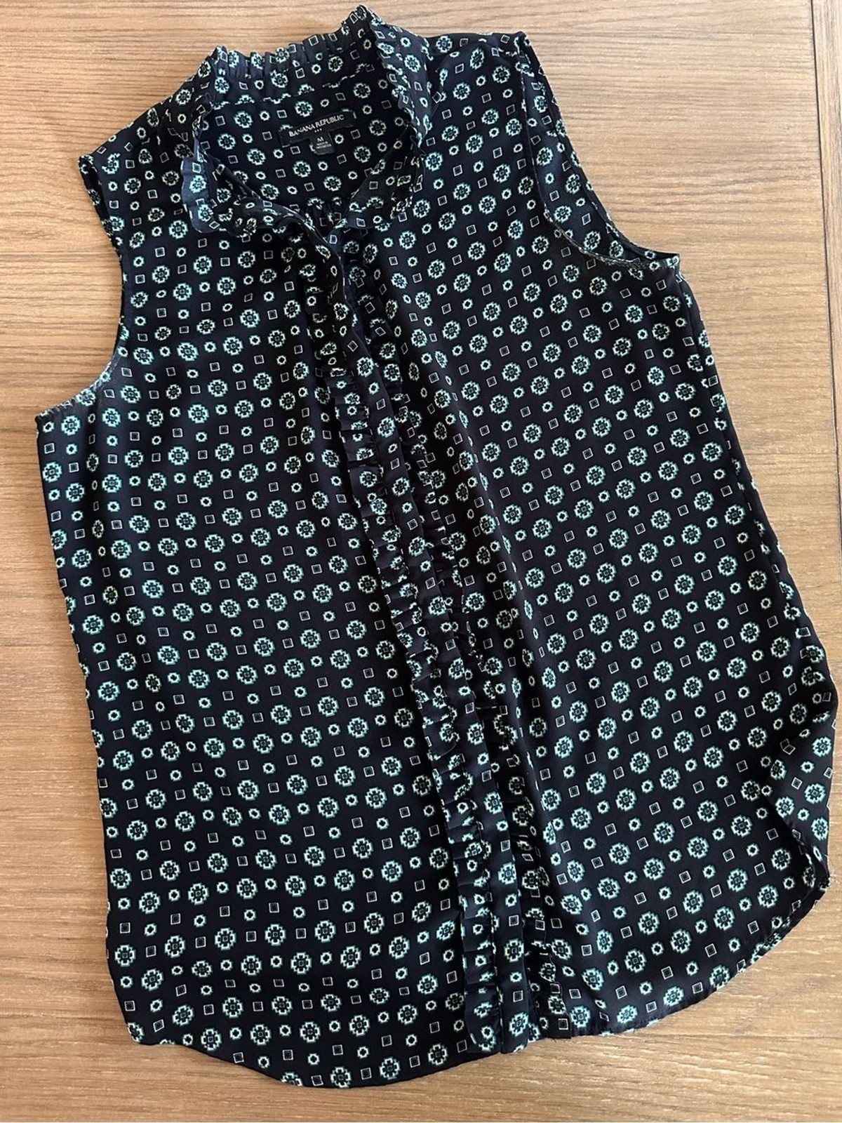 Banana Republic Navy Green Print Sleeveless Blouse Women’s Medium Work Top