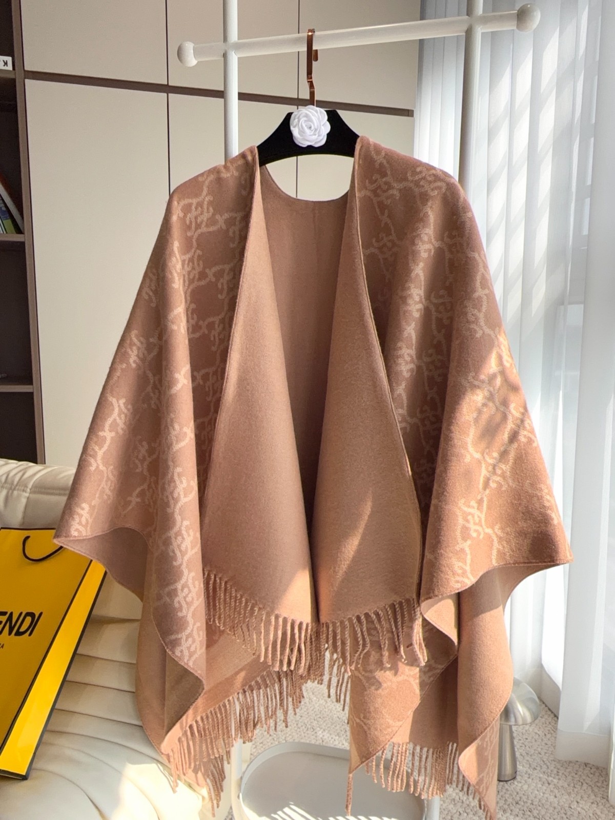 FENDI FF Karligraphy Double-Sided Wool Cashmere Scarf Beige 145x155cm