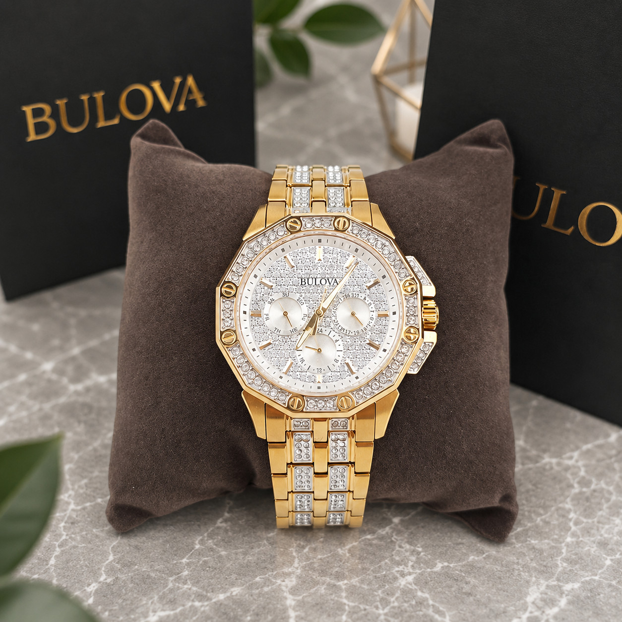 Bulova Crystal Octava 98C126 Men\'s White Dial Gold-Tone Steel Strap Quartz Watch