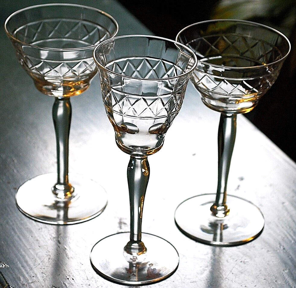 Set 3 Antique LOBMEYR Hand Cut Optic Crystal 3 Wine/Cocktail Glasses CRISSCROSS