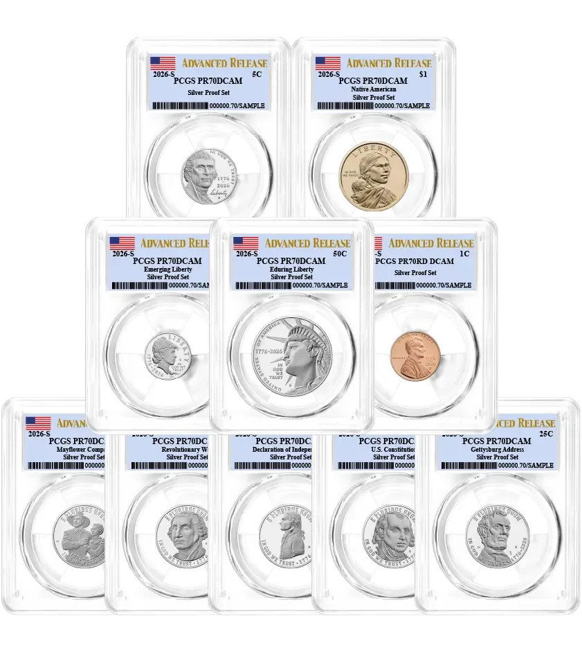 2026 S Silver Proof 10-Coin Set PCGS PR70 DCAM Advanced Release Flag Label 2026 S Silver Proof 10-Coin Set PCGS PR70 DCAM Advanced Release Flag Label