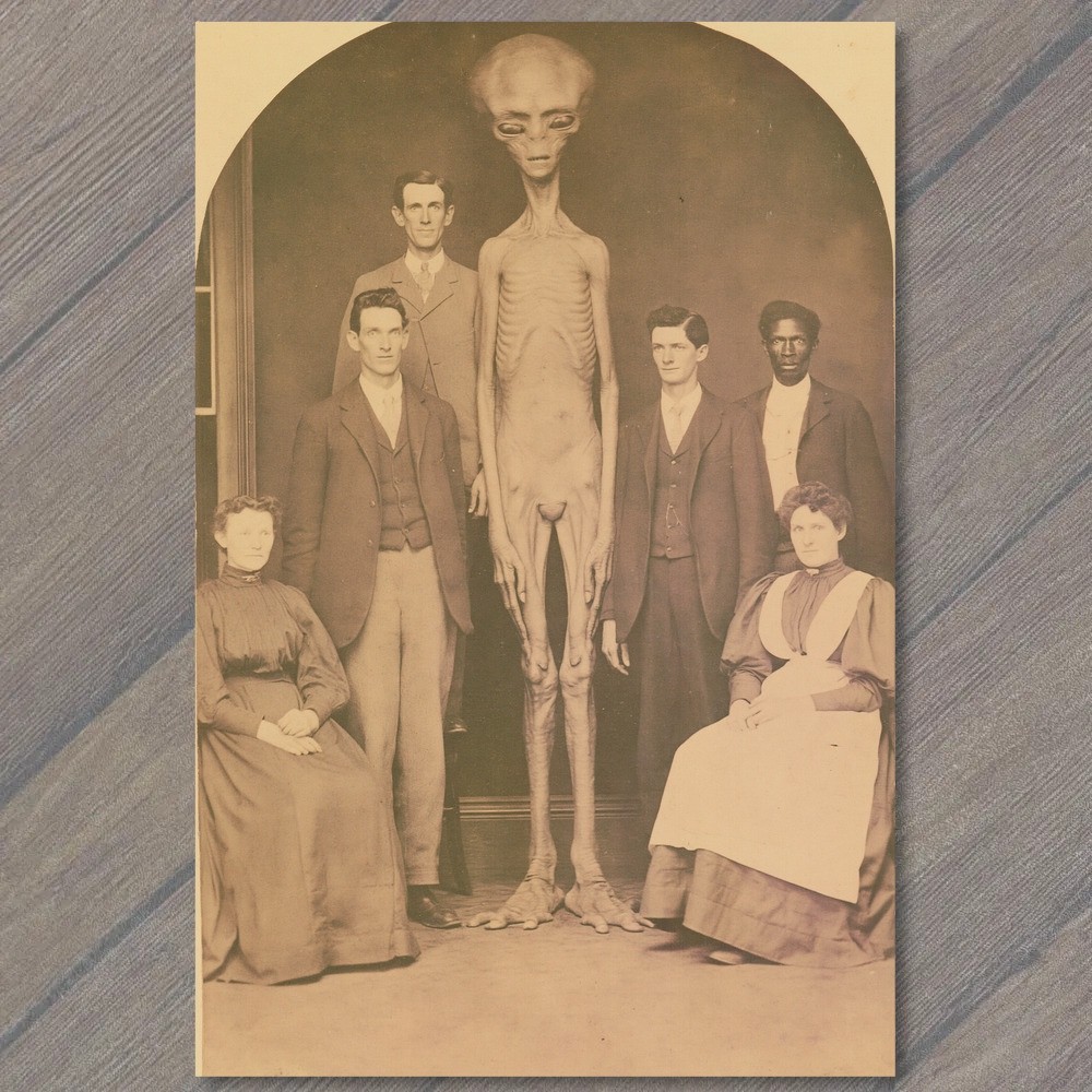 POSTCARD Alien Grey Tall Humanoid Group Victorian Sepia Oddity Paranormal UFO
