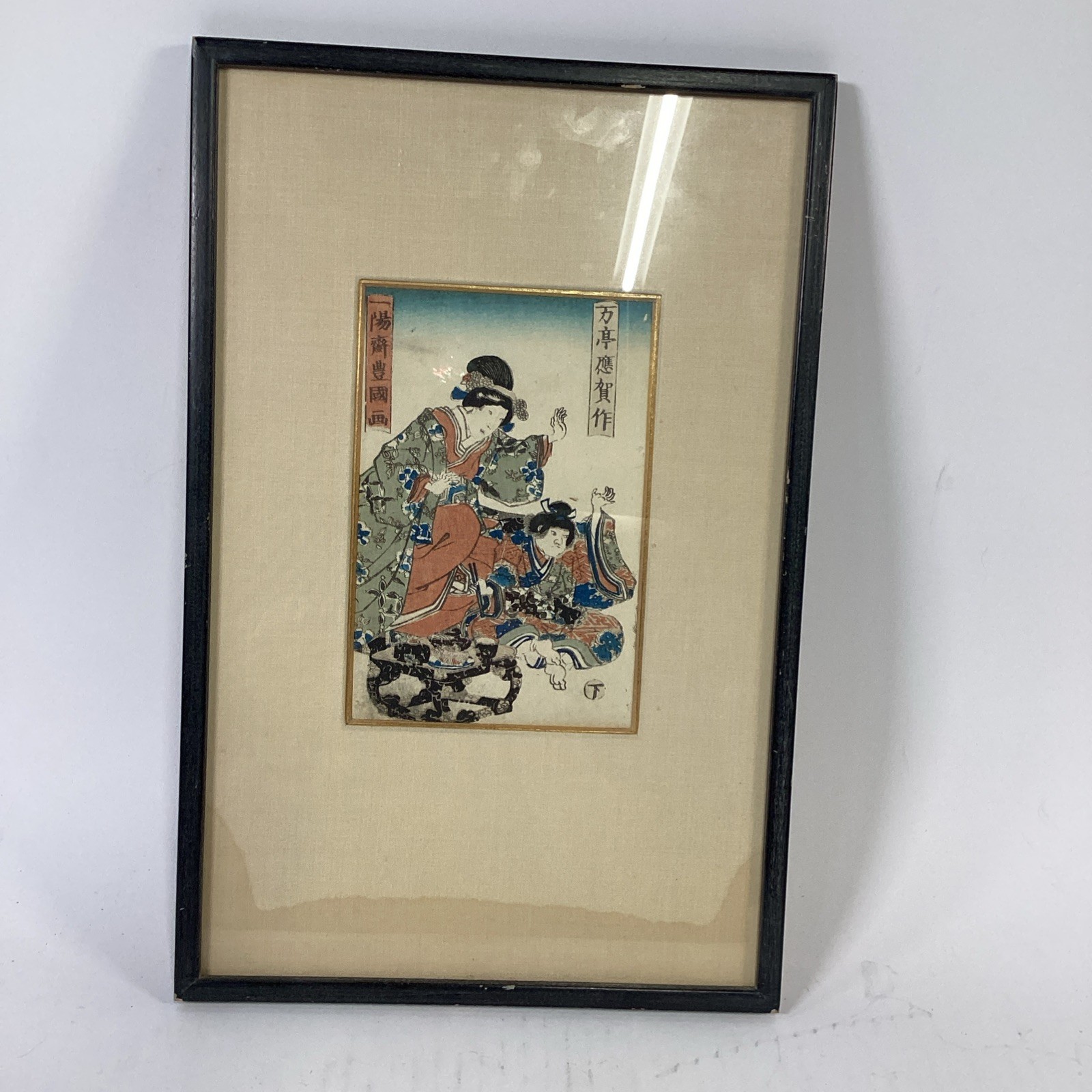 Antique 1848 Utagawa Toyokuni III Kunisada Woodblock Print Shaka Hasso Framed