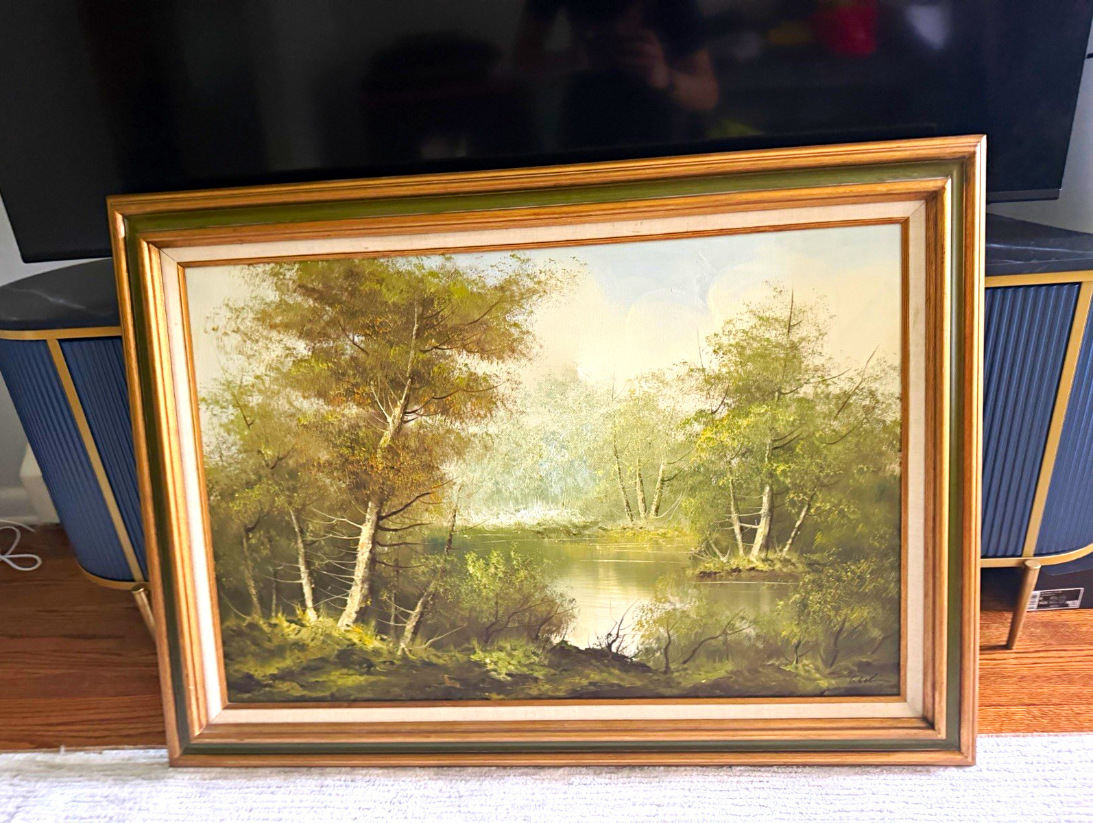 20th Century Ullard Framed Signed Large Landscape Painting Trees & River Nature