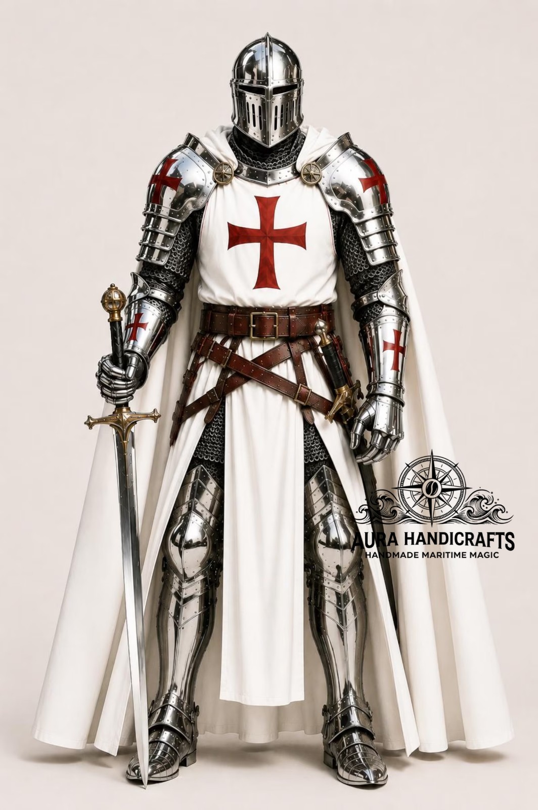 AURA HANDMADE Wearable White Templar Knight Armor Gothic Crusader Suit HALLOWEEN